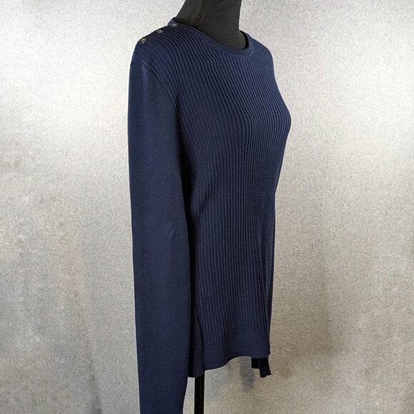 J.McLaughlin Seaspray Knit Top Sweater Navy Blue Gold Button Shoulder Size XL - Picture 15 of 16